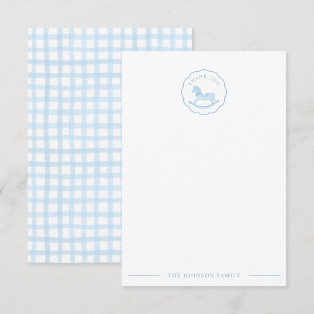 Blue Rocking Horse Baby Shower Thank You Card (Front/Back)