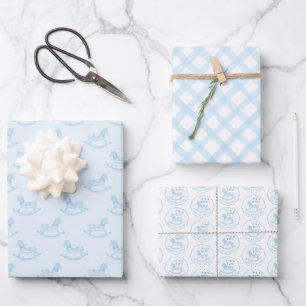 Blue Rocking Horse Baby Shower  Wrapping Paper Sheet
