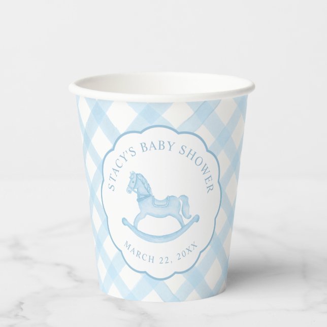 Blue Rocking Horse Boy Baby Shower Paper Cups (Front)