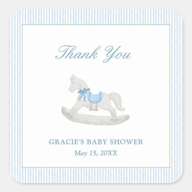 Blue Rocking Horse Boy Baby Shower Thank You Favou Square Sticker (Front)