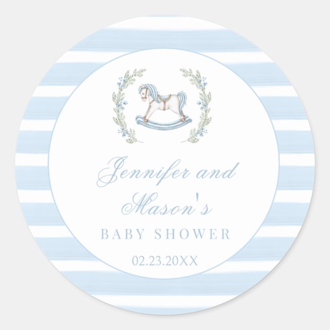 Blue rocking horse classic boho baby boy shower classic round sticker (Front)