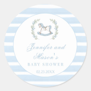 Blue rocking horse classic boho baby boy shower round sticker