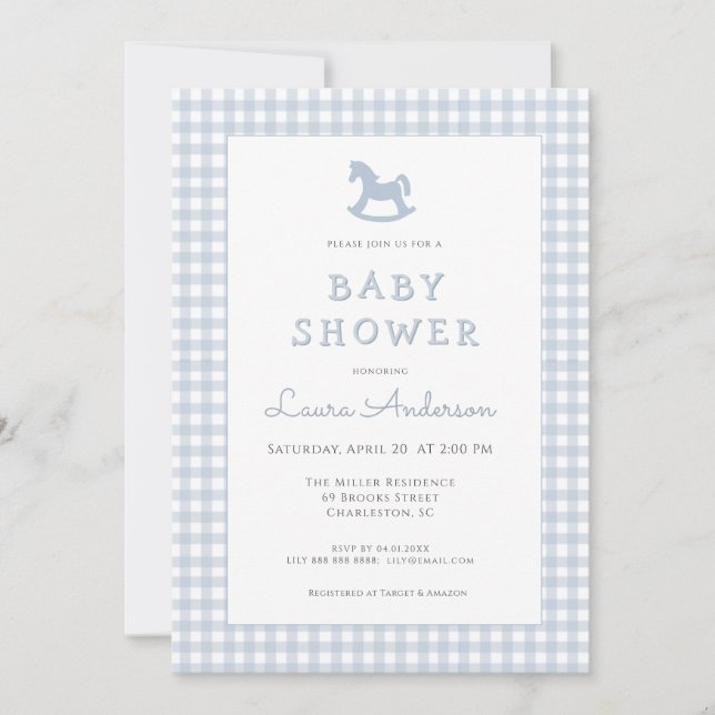 Blue Rocking Horse Gingham Border Boy Baby shower  Invitation (Front)