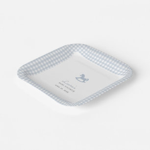 Blue Rocking Horse Gingham Border Boy Baby shower  Paper Plate