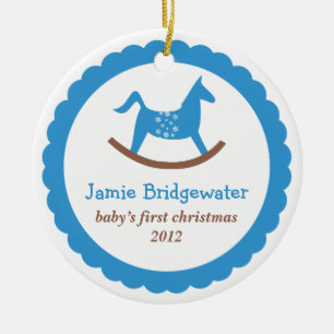 Blue rocking toy horse baby's first christmas ceramic ornament