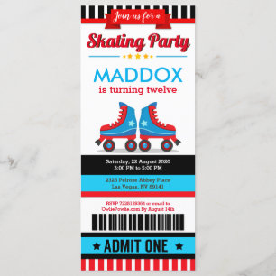 Blue Roller Skate Sport Ticket Pass Birthday Invitation