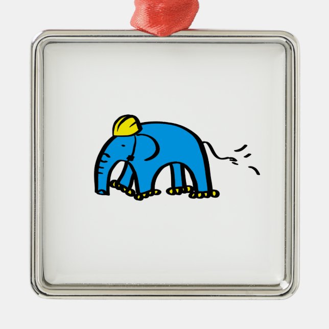 Blue Rollerblading Elephant w/ Yellow Helmet Metal Ornament (Front)