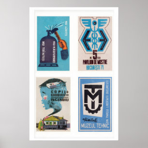 Blue Romanian Matchbox Labels Grid Print, Vintage Poster