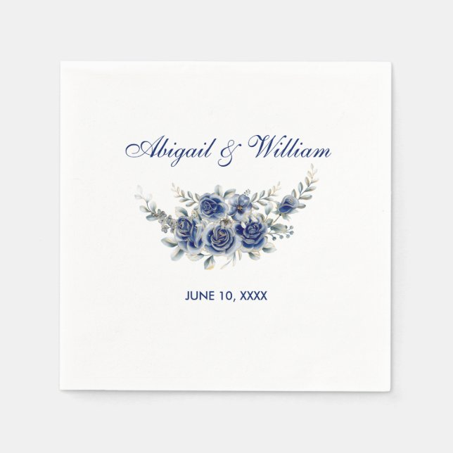 Blue Romantic Floral Botanical Wedding Napkins (Front)