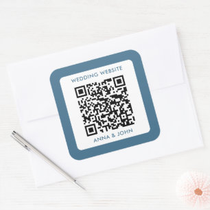 blue romantic modern minimalist wedding qr code square sticker