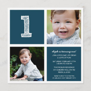 Blue Room for Squares First Birthday Party Photo Invitation