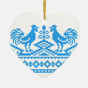 Blue Rooster cross-stitch Ceramic Ornament