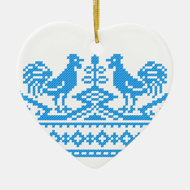 Blue Rooster cross-stitch Ceramic Ornament (Front)