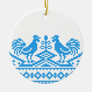 Blue Rooster cross-stitch Ceramic Ornament