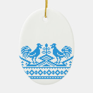 Blue Rooster cross-stitch Ceramic Ornament