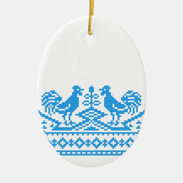Blue Rooster cross-stitch Ceramic Ornament (Front)