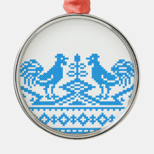 Blue Rooster cross-stitch Metal Ornament
