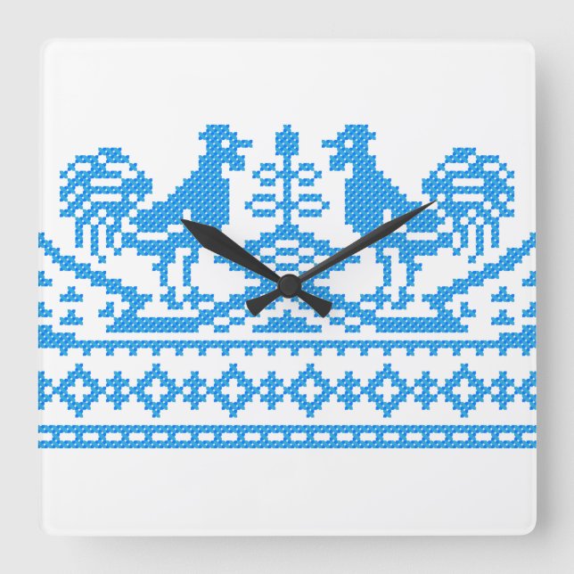 Blue Rooster cross-stitch Square Wall Clock (Front)