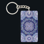 Blue Rosace Keychain<br><div class="desc">Drawing of a stained glass window similar to those of an ancient European cathedral: the base of this pattern is a rose window, with touches of various colours, including shades of blue, on a navy blue background. Inlays of blue rhinestones (drawn). This design is also available in cardinal red in...</div>