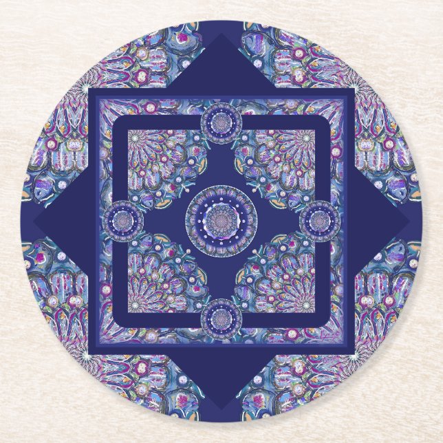 Blue Rosace Round Paper Coaster (Front)