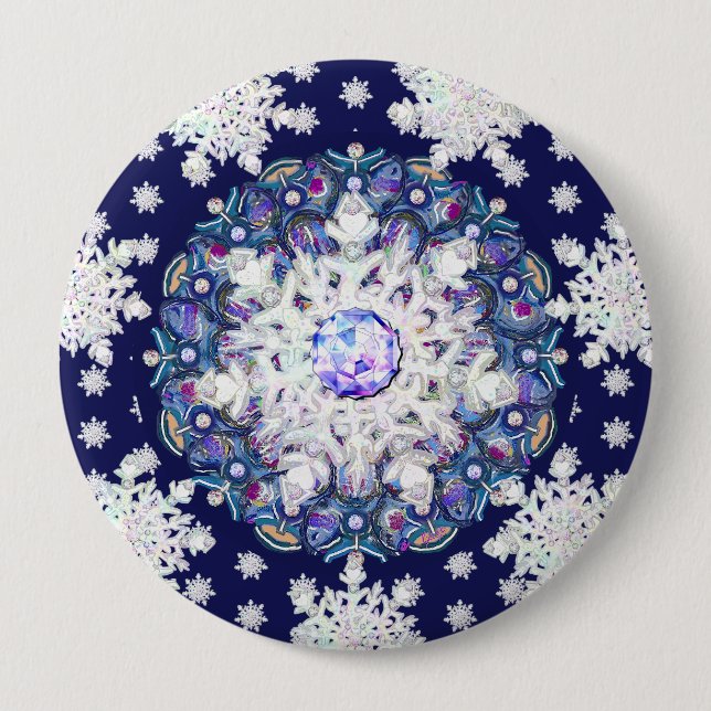 Blue rosace & snowflake 4 inch round button (Front)