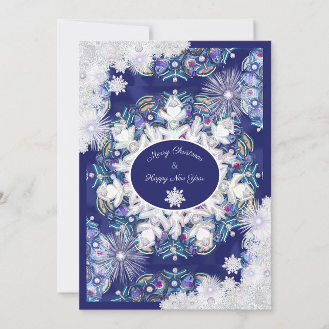 Blue rosace & snowflake holiday card (Front)