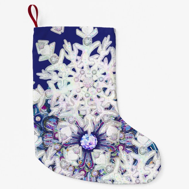Blue rosace & snowflake small christmas stocking (Front)