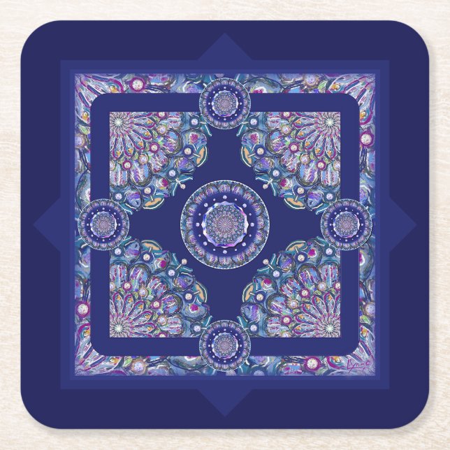 Blue Rosace Square Paper Coaster (Front)