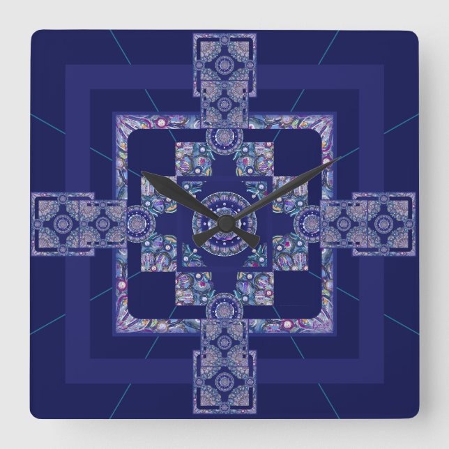 Blue Rosace Square Wall Clock (Front)