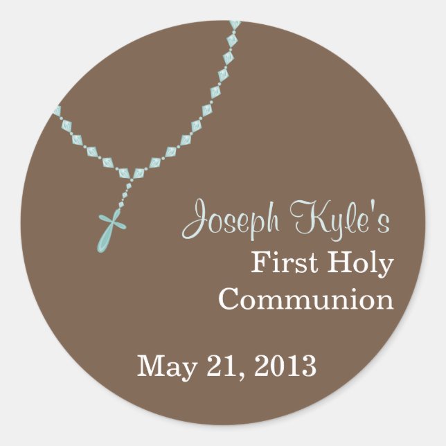 Blue Rosary on Brown First Holy Communion Classic Round Sticker (Front)