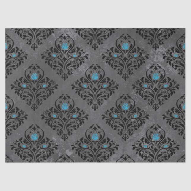 Blue Rose and Black Damask Decoupage Tissue Paper (Front)