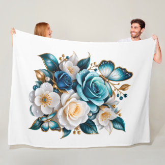 Blue Rose and Butterfly Floral Fleece Blanket