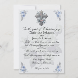 Blue Rose and Cross Christian Wedding invitation