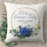 Blue Rose and Eucalyptus Mis Quince Anos Custom Throw Pillow<br><div class="desc">Blue Rose and Eucalyptus Quinceanera pillow, lettered with Mis Quince Años in elegant calligraphy. The design features rose flowers, eucalyptus leaves and greenery. The floral arrangement is set in a gold geometric circle frame. If you would like matching products, please browse my collection or message me to add the design...</div>
