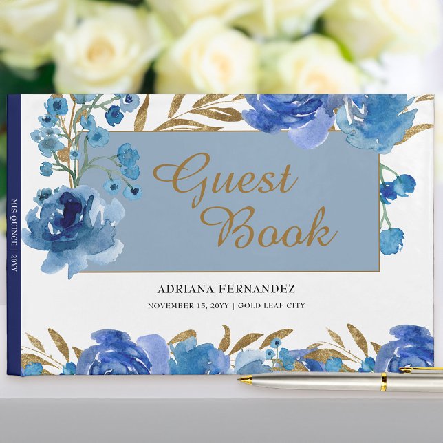 Blue Rose and Gold Leaf Celebration Guest Book (Blue rose floral guest book from my Rose and Gold Leaf quinceanera collection)
