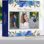 Blue Rose and Gold Leaf Mis Quince 3 Photo Binder<br><div class="desc">Royal Blue Rose and Gold Leaf Floral ring binder with fully editable text and your custom photo, displayed in square format. Use it as an event organizer, photo album or guest book, for example. Elegant framed design with watercolor rose flower blooms and leaves in shades of blue and gold. Modern...</div>