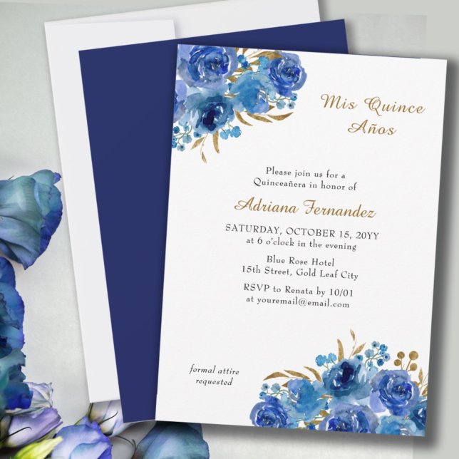 Blue Rose and Gold Leaf Quince Anos Quinceanera Invitation (Creator Uploaded)