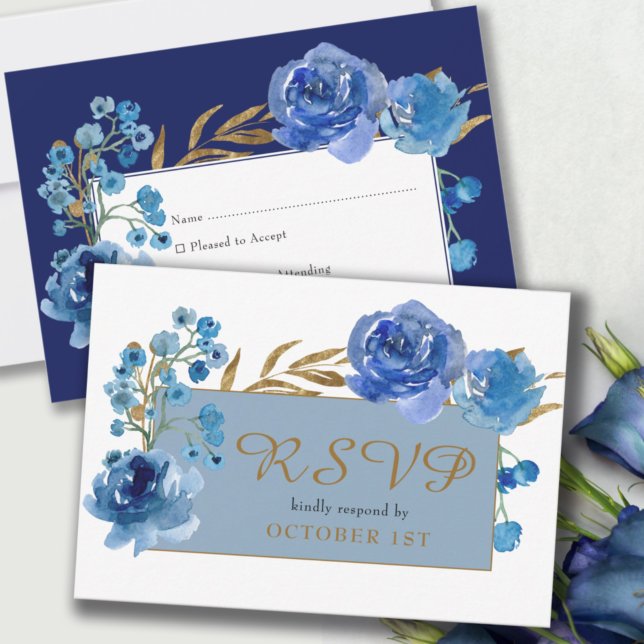 Blue Rose and Gold Leaf Quinceanera Response Card (Creator Uploaded)