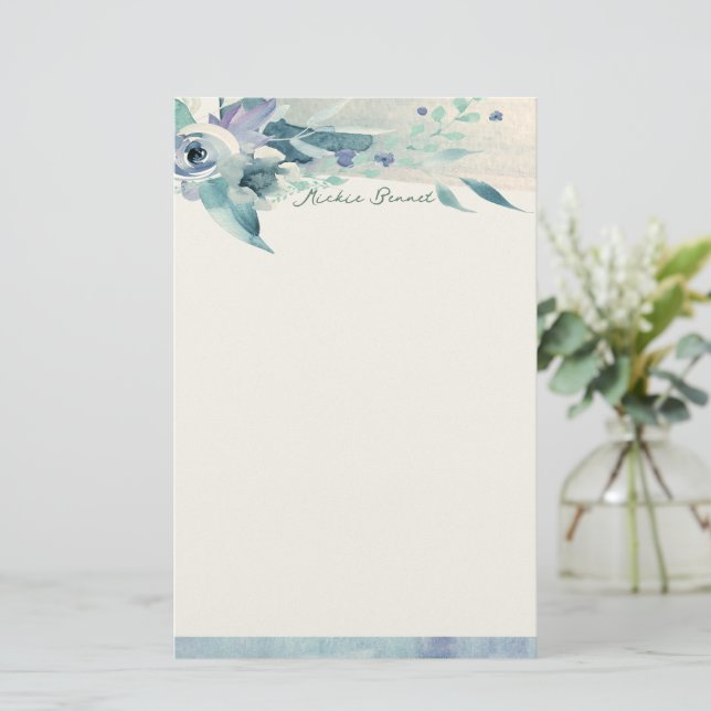 Blue Rose and Teal Personalized Stationery (Standing Front)