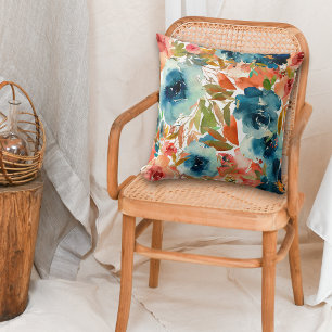 Blue Rose Autumn Floral Pattern Throw Pillow