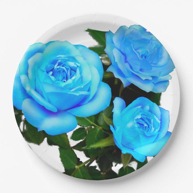 Blue rose blue flowers paper plate (Front)