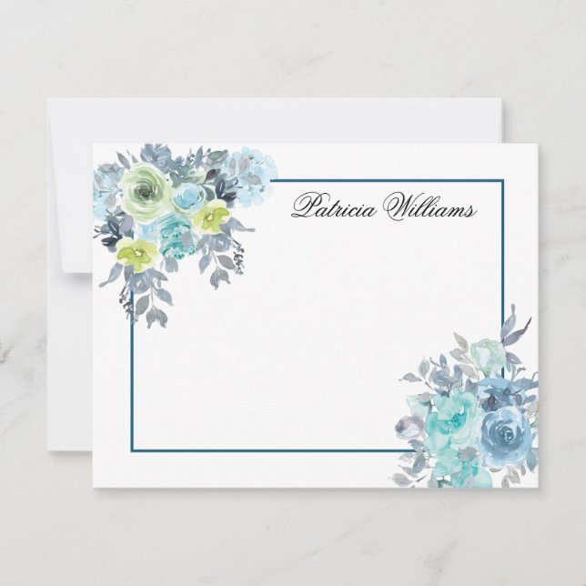 Blue Rose Bouquet Watercolor Flower Personalized Card (Front)