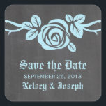 Blue Rose Chalkboard Save the Date Stickers<br><div class="desc">Sweet and pretty Rose Chalkboard Save the Date Stickers in light blue featuring a single lovely rose on a vine on a chalkboard look background. This elegant design is perfect for announcing your spring or summer wedding. Easy to customize, simply add your wedding details in the text fields provided. Click...</div>