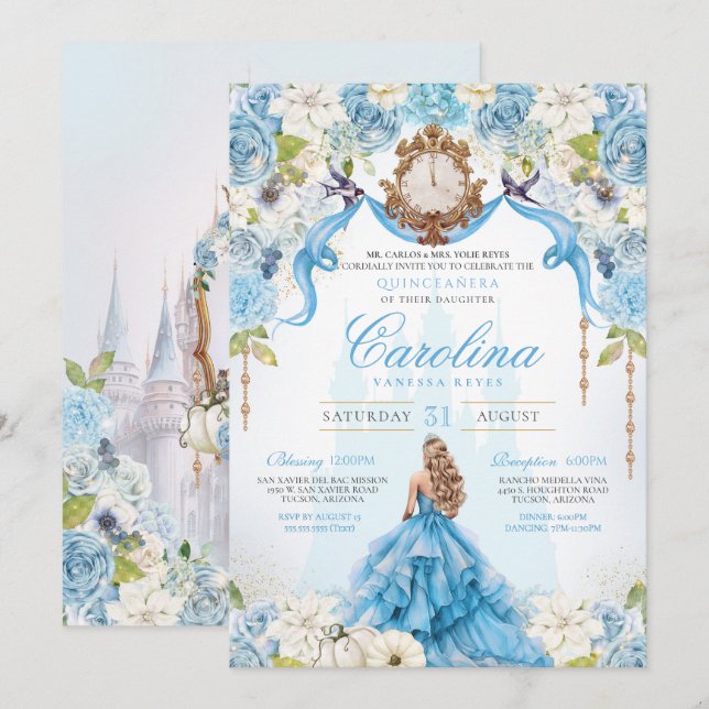Blue Rose Cinderella Royal Princess Quinceanera Invitation (Front/Back)