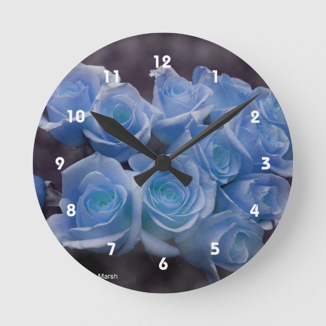 Blue Rose colorized bouquet spotted background Round Clock (Front)