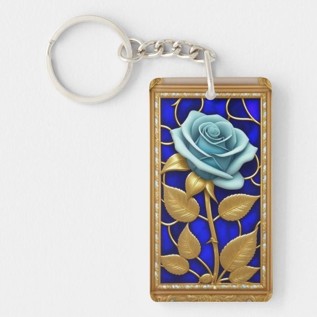Blue Rose Design in Stained Glass Keychain (Front)