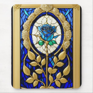 Blue Rose Design in Stained Glass Mouse Pad