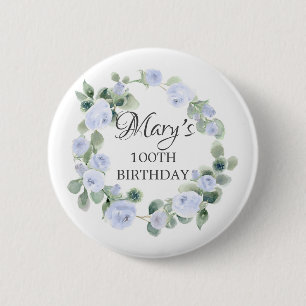 Blue Rose Eucalyptus Botanical 100TH Birthday  2 Inch Round Button