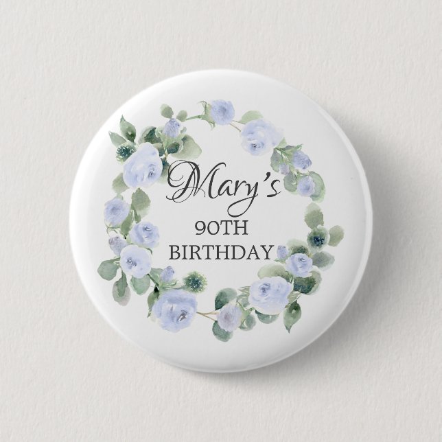 Blue Rose Eucalyptus Botanical 90th Birthday 2 Inch Round Button (Front)