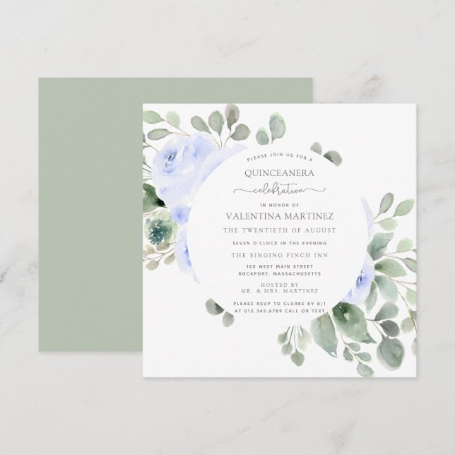Blue Rose Floral Botanical Quinceanera Invitation (Front/Back)
